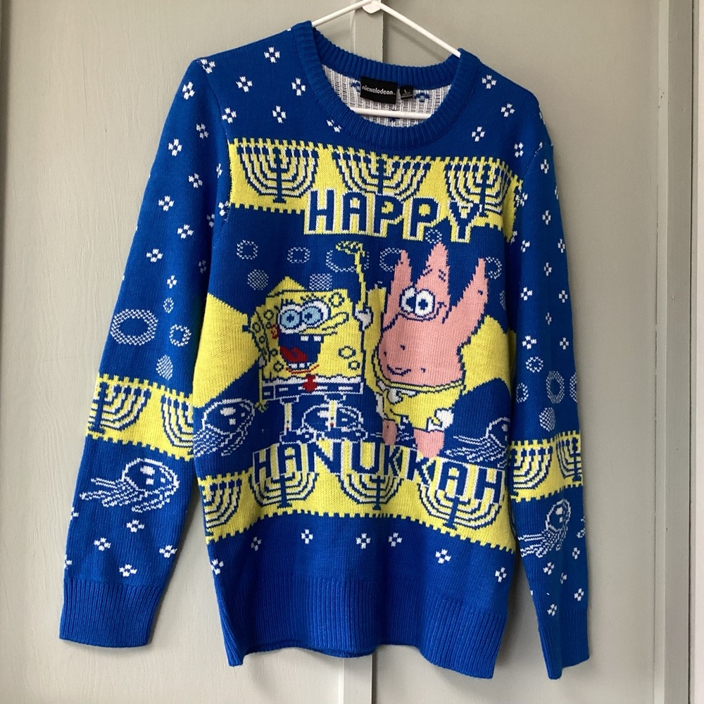 Blue and Yellow Hanukkah Sweater size large sponge bob